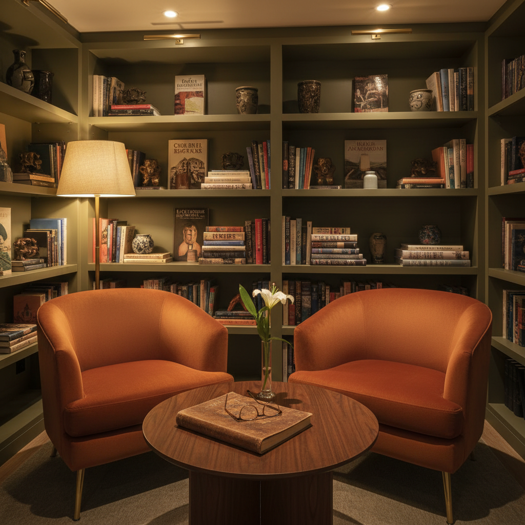 An inviting hotel lounge corner featuring a pair of plush, rust-colored velvet armchairs with curved backs and brass legs, flanking a low walnut coffee table with a smooth, satin finish. On the table rests a leather-bound city guide, a pair of reading glasses, and a small vase with a single white lily. The setting is an intimate corner of a boutique hotel lobby, framed by tall bookshelves filled with art and travel volumes. Warm, layered lighting from a nearby floor lamp and concealed ceiling lights creates soft pools of light and gentle shadows. Captured in photographic realism from a slightly elevated angle, with balanced composition and moderate depth of field, the mood is serene, cultured, and welcoming for seasoned travelers.