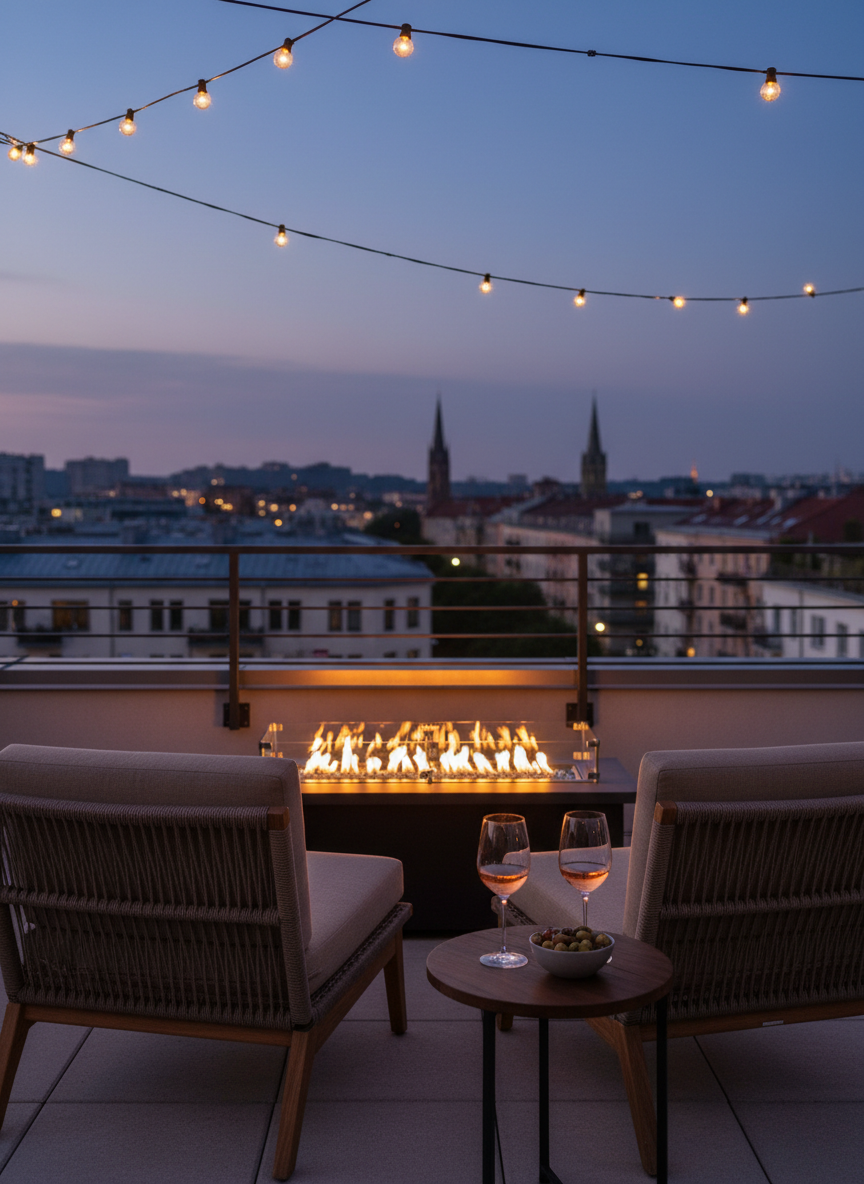 A tranquil rooftop terrace setting at twilight, featuring a small cluster of low-profile outdoor lounge chairs with taupe cushions and woven rattan frames surrounding a narrow fire table with dancing flames. Nearby, a round side table holds two stemless wine glasses half-filled with rosé and a small bowl of mixed olives in a matte charcoal dish. The terrace overlooks distant, softly lit city rooftops and church spires, rendered in gentle blur. Subtle string lights cast a warm, diffused glow, mixing with the deepening blue of the evening sky. Photographic realism, wide-angle composition from a seated perspective, with moderate depth of field, conveying a refined, intimate, and unhurried mood perfect for savoring views without crowds or noise.