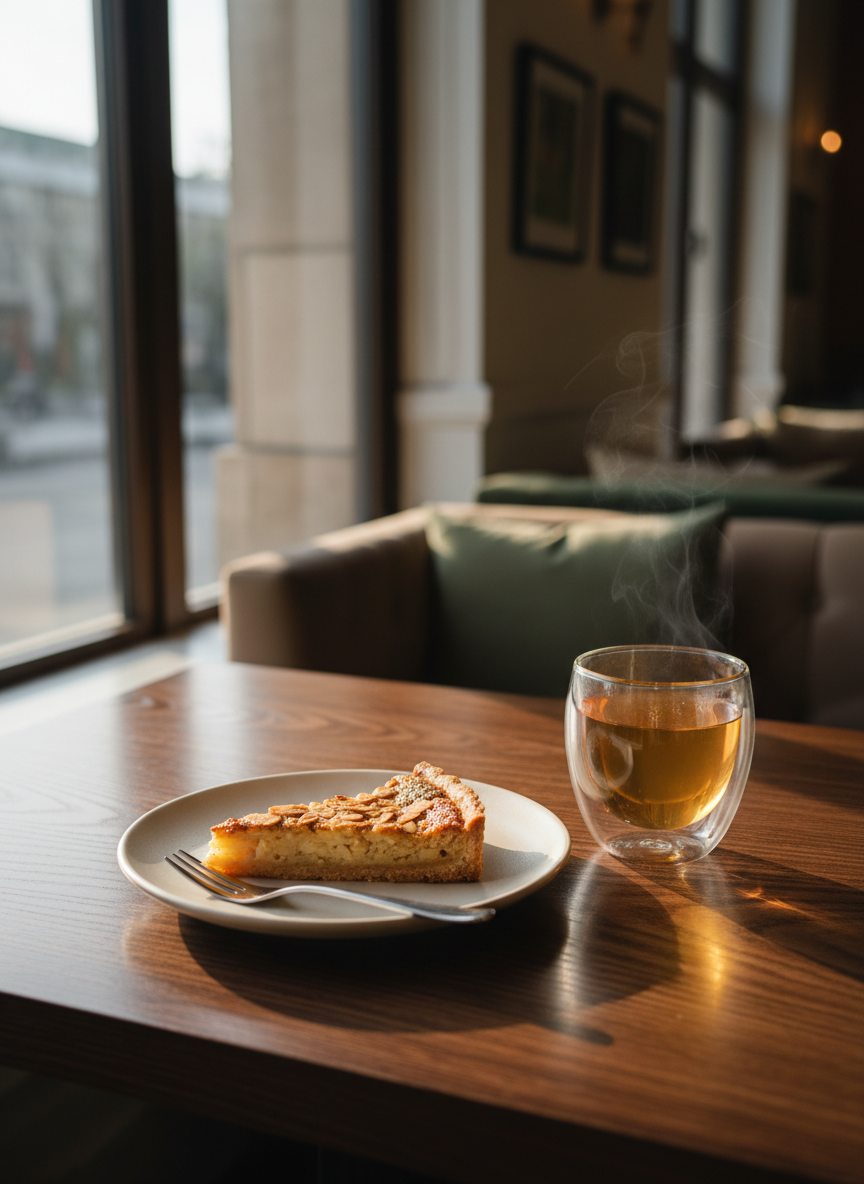 An elegantly arranged café table displaying a carefully plated afternoon dessert: a slice of almond tart on a matte ivory ceramic plate, accompanied by a small silver fork and a double-walled glass of herbal tea, its amber color glowing. The table is a smooth, dark-stained wood surface with visible grain, set by a large window in a quiet, refined café. Soft late-afternoon natural light pours in, casting long, gentle shadows and highlighting delicate details in the tart’s toasted surface. The background reveals blurred hints of upholstered banquettes and framed art. Photographic realism, captured from a slightly overhead angle with shallow depth of field, emphasizing texture and warmth, evoking a slow, indulgent, and sophisticated break in the day.