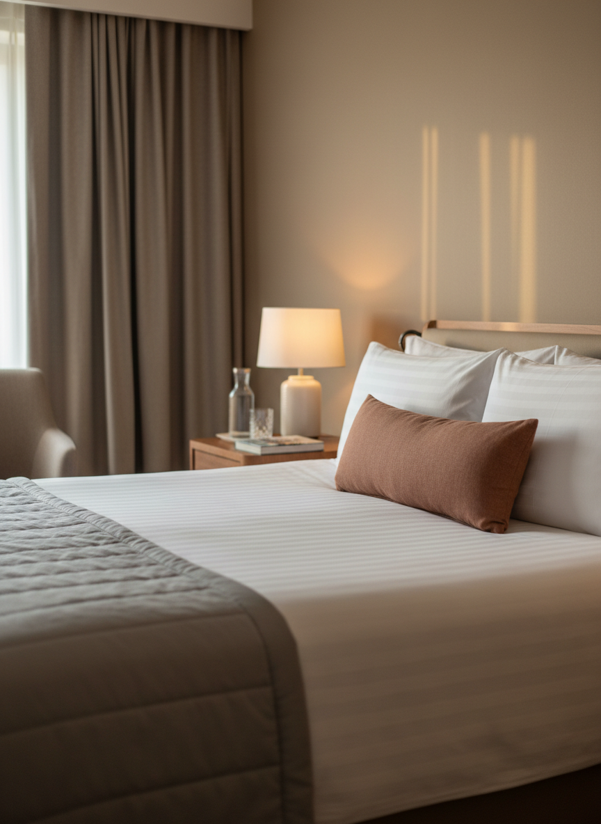 A serene hotel room vignette focusing on a neatly made king-size bed with crisp white Egyptian cotton sheets, a soft dove-gray quilted throw folded at the foot, and a pair of oversized, supportive pillows accented by a muted terracotta lumbar cushion. A sleek wooden nightstand with rounded edges holds a softly glowing ceramic bedside lamp, a carafe of water with a faceted glass, and a small hardcover travel book. The room features warm neutral walls and heavy, sound-blocking curtains slightly parted to reveal diffused morning light. Photographic realism, shot at eye level with a slightly off-center composition, using a shallow depth of field to keep the bed and nightstand in focus while the rest of the room fades subtly, creating an atmosphere of comfort, restfulness, and understated elegance.