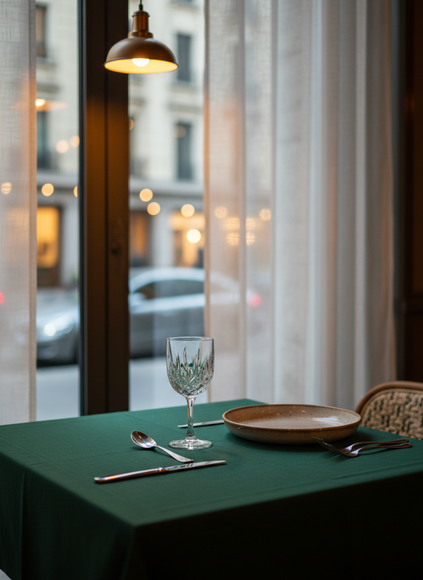 A perfectly set bistro-style table for one, featuring a deep green linen tablecloth, a single heavy crystal water glass, and a stoneware dinner plate with a subtle speckled glaze, all arranged with polished silver cutlery. The table is positioned beside a tall window in an upscale, quiet restaurant, overlooking a softly blurred city street at dusk. Golden hour light filters through sheer curtains, mingling with warm pendant lighting to create gentle reflections on the glass. Photographic realism, eye-level composition, with a shallow depth of field that keeps the table in crisp focus while the background melts into elegant bokeh, evoking a calm, sophisticated, unhurried atmosphere ideal for relaxed, refined dining.