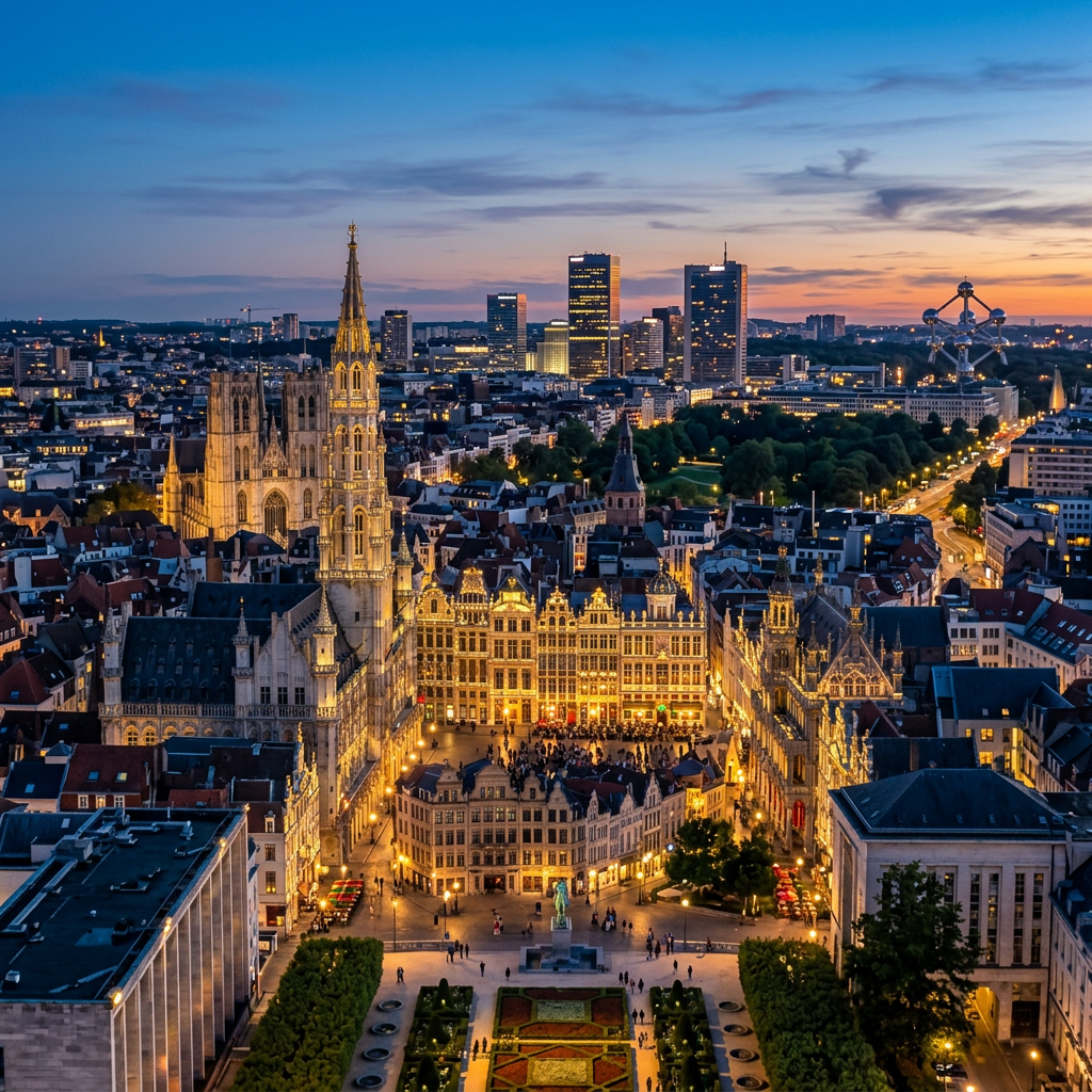 Evening aerial view of Brussels city center with illuminated historic buildings and modern skyline
