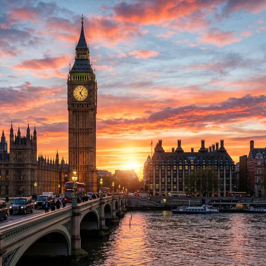 Big Ben clock tower and Westminster Bridge at sunset with colorful sky