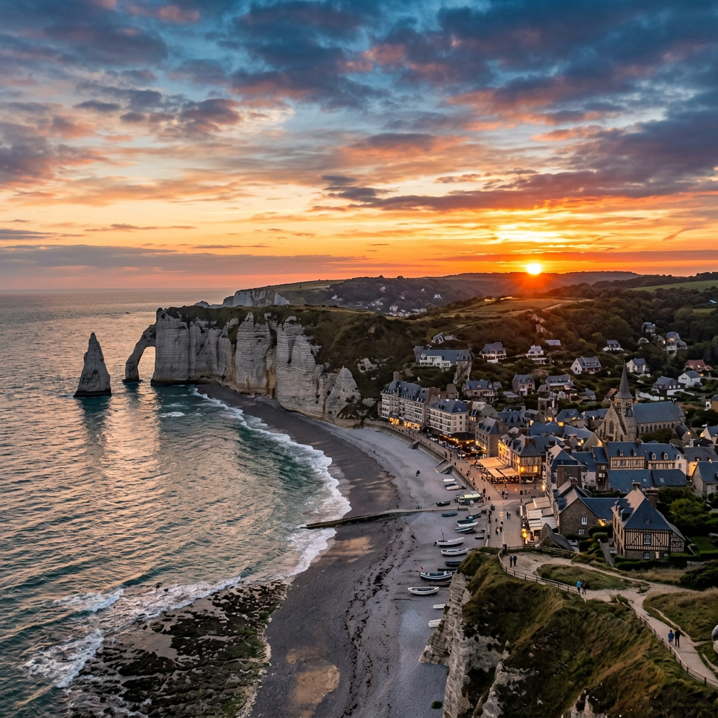 Sunset over Étretat cliffs with ocean and village